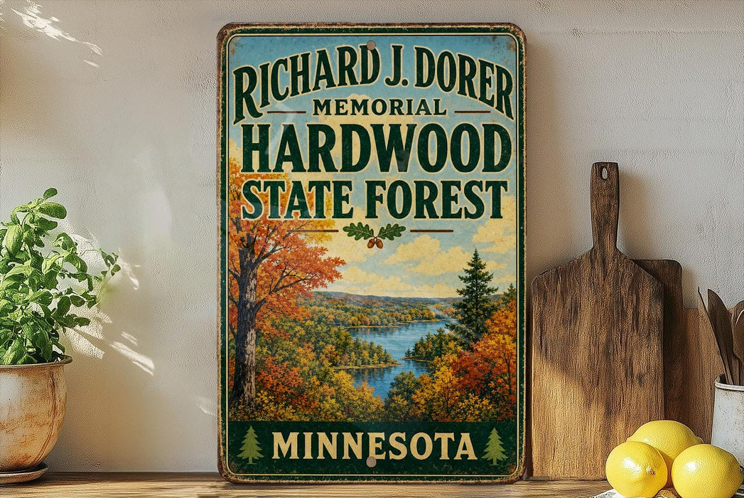 A vintage-style sign for the Richard J. Domer Memorial Hardwood State Forest in Minnesota, featuring a scenic landscape with a river and autumn foliage.