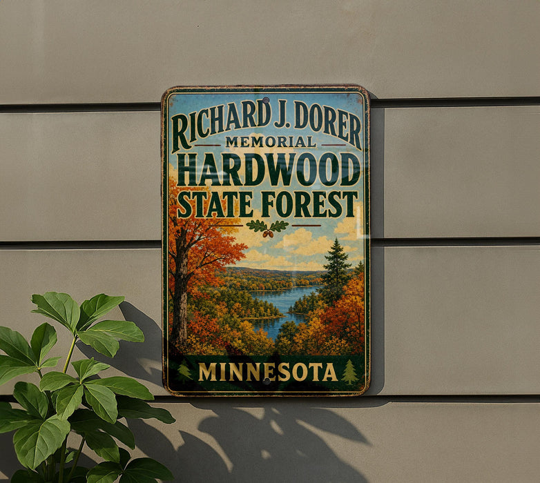 A vintage-style metal plaque with the text "RICHARD J. DORER MEMORIAL HARDWOOD STATE FOREST MINNESOTA" is displayed on a wall, with a plant to the left.