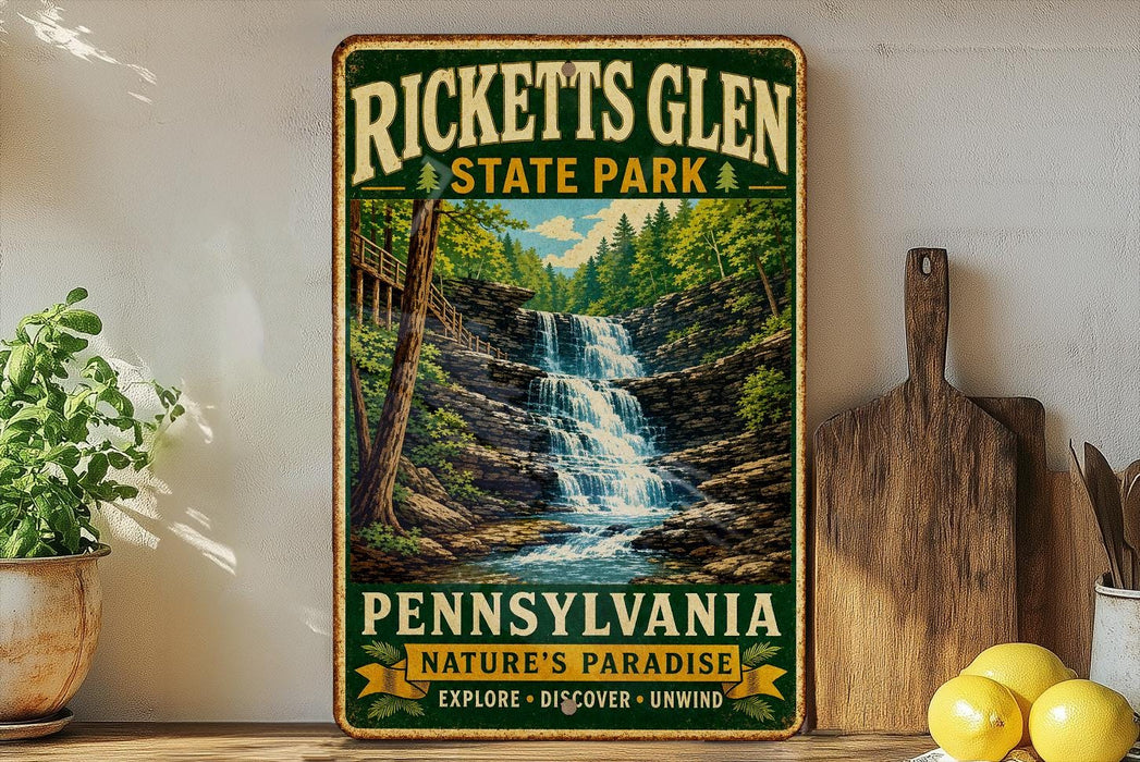 A vintage-style metal sign for Rickeett's Glen State Park in Pennsylvania, featuring a scenic waterfall surrounded by lush greenery.