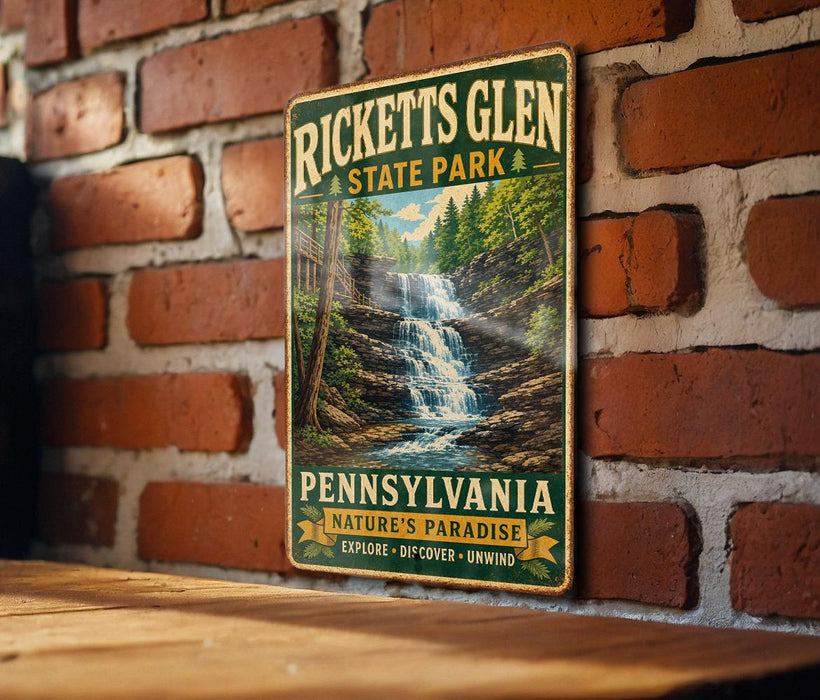 A vintage-style metal sign for Ricketts Glen State Park in Pennsylvania, featuring a waterfall and forest scenery.