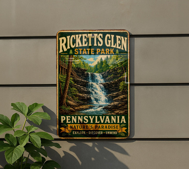 A vintage-style metal sign for Ricketts Glen State Park in Pennsylvania, featuring a waterfall and forest scenery.