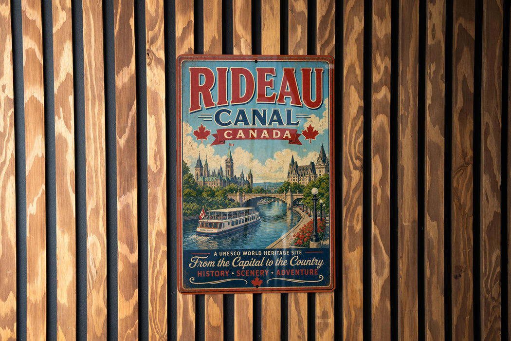 A vintage metal sign for Rideau Canal, Canada, featuring a scenic illustration of the canal and historic buildings.