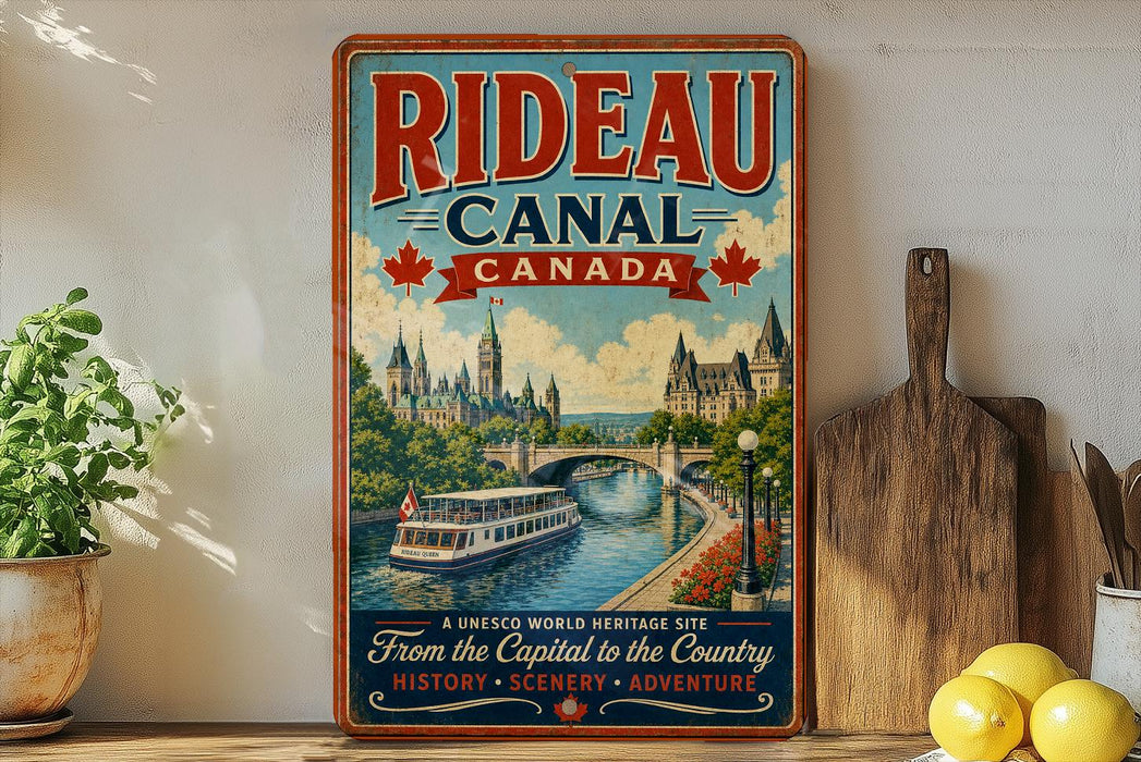 A vintage-style poster advertising Rideau Canal, Canada, featuring a scenic illustration of the canal and historic buildings.