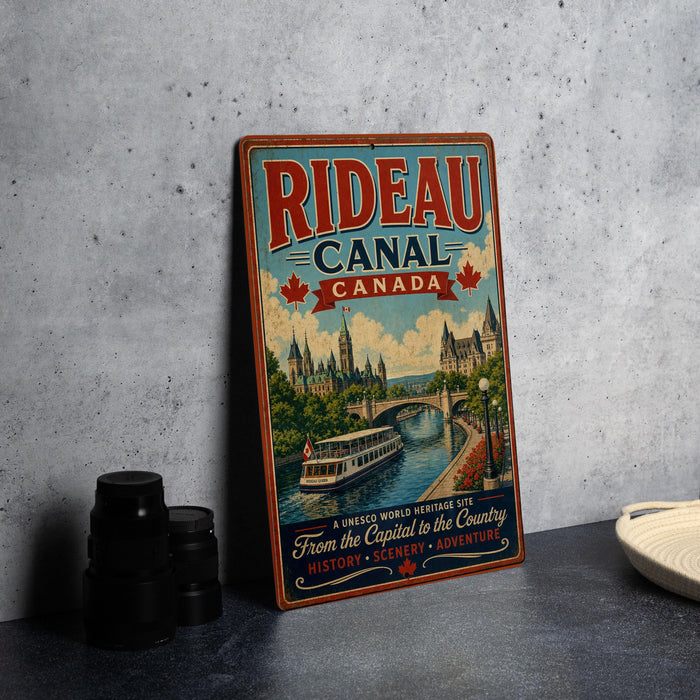 A vintage-style sign for Rideau Canal, Canada, featuring a scenic illustration of the canal and surrounding architecture.