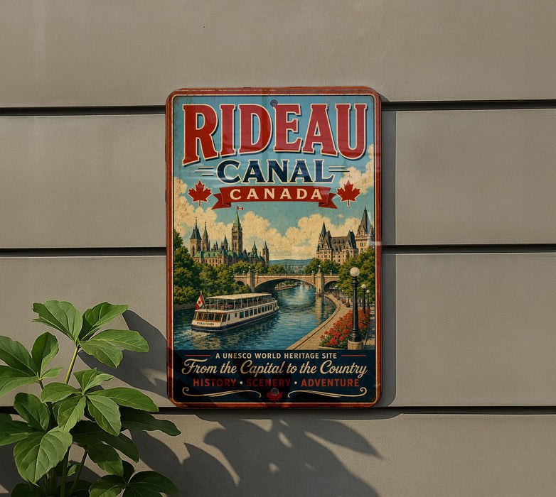 A vintage-style metal sign advertising Rideau Canal in Canada, featuring a scenic illustration of the canal and surrounding architecture.