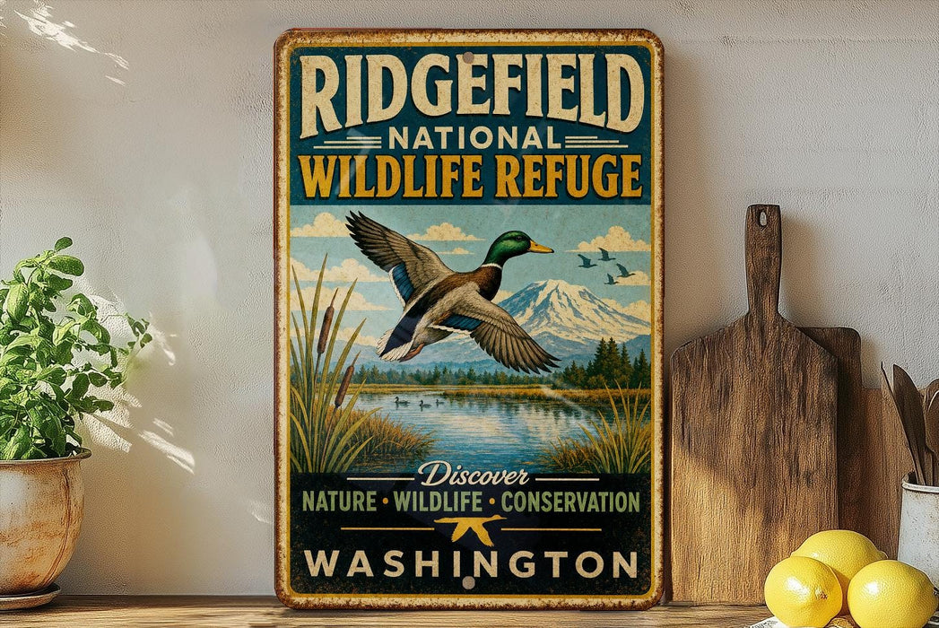 A vintage-style metal sign for the Ridgefield National Wildlife Refuge in Washington, featuring a duck in flight and a scenic landscape.