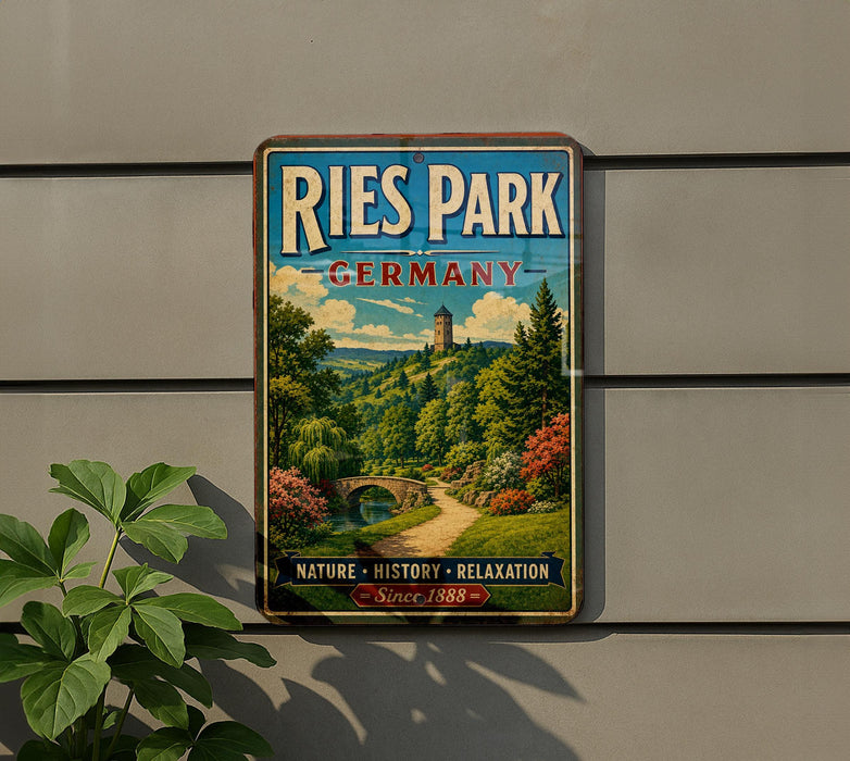 A vintage-style metal sign for Ries Park, Germany, featuring a scenic landscape with a bridge and trees.