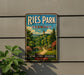 A vintage-style metal sign for Ries Park, Germany, featuring a scenic landscape with a bridge and trees.