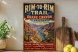 a vintage-style sign for the Rim-to- Rim Trail in Grand Canyon, Arizona, with a scenic illustration of the Grand Canyon landscape.