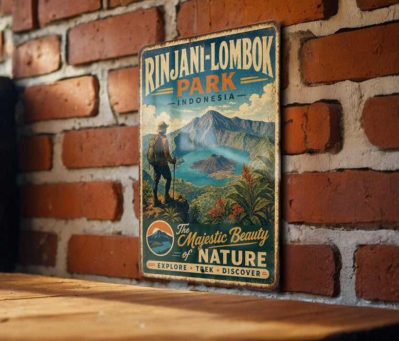 A vintage-style metal sign for Rinjani-Lombok Park in Indonesia, featuring a scenic mountain landscape and a person hiking.