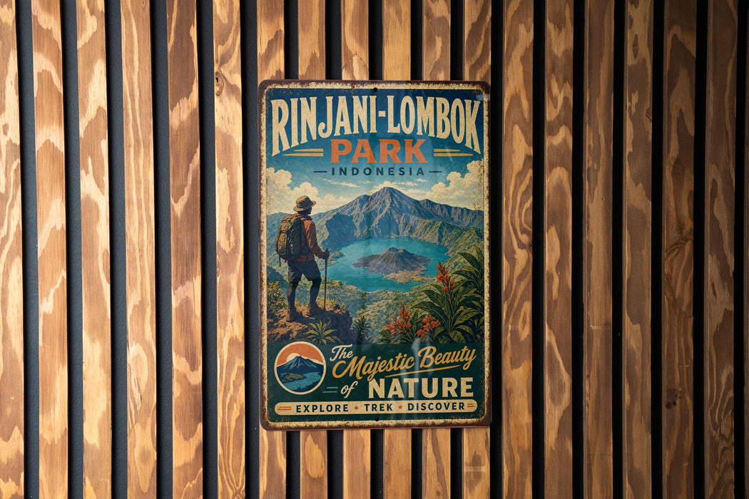 A vintage metal sign for Rinjani-Lombok Park in Indonesia, featuring a hiker in a backpack standing on a cliff overlooking a scenic landscape.