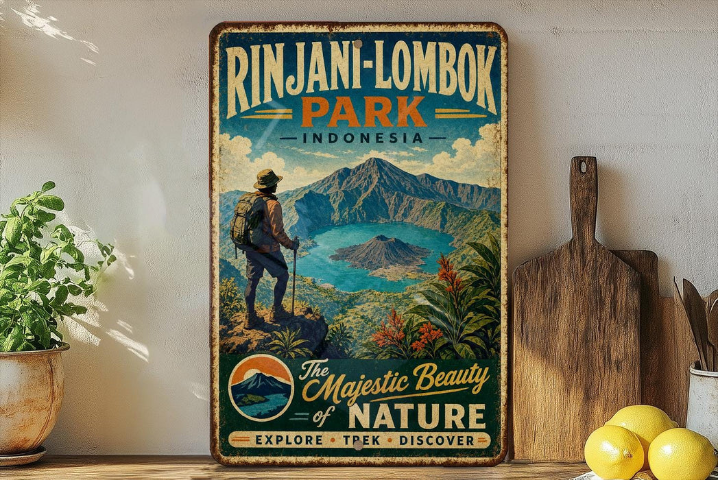 A vintage-style sign for Rinjani-Lombok Park in Indonesia, featuring a hiker standing on a cliff overlooking a scenic landscape.