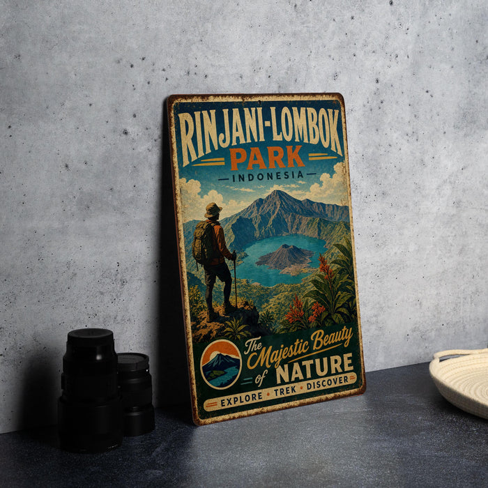 A vintage-style metal sign for Rin Jani-Lombok Park in Indonesia, featuring a hiker and a scenic landscape.