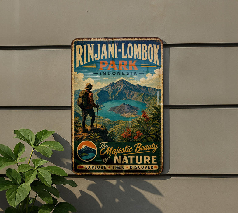 A vintage-style metal sign advertising Rin Jani-Lombok Park in Indonesia, featuring a hiker and a scenic mountain landscape.