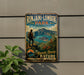 A vintage-style metal sign advertising Rin Jani-Lombok Park in Indonesia, featuring a hiker and a scenic mountain landscape.