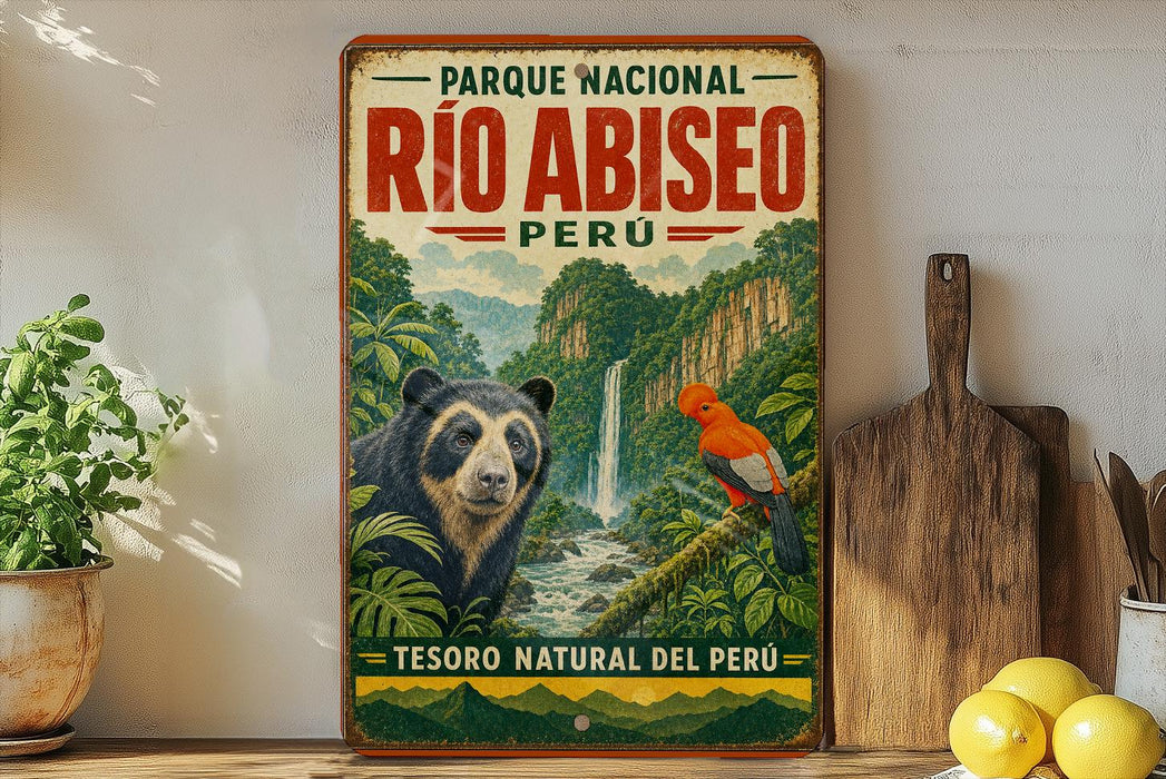 A vintage-style poster advertising the Parque Nacional Rio Abisito in Peru, featuring a bear and a bird in a lush, tropical landscape.