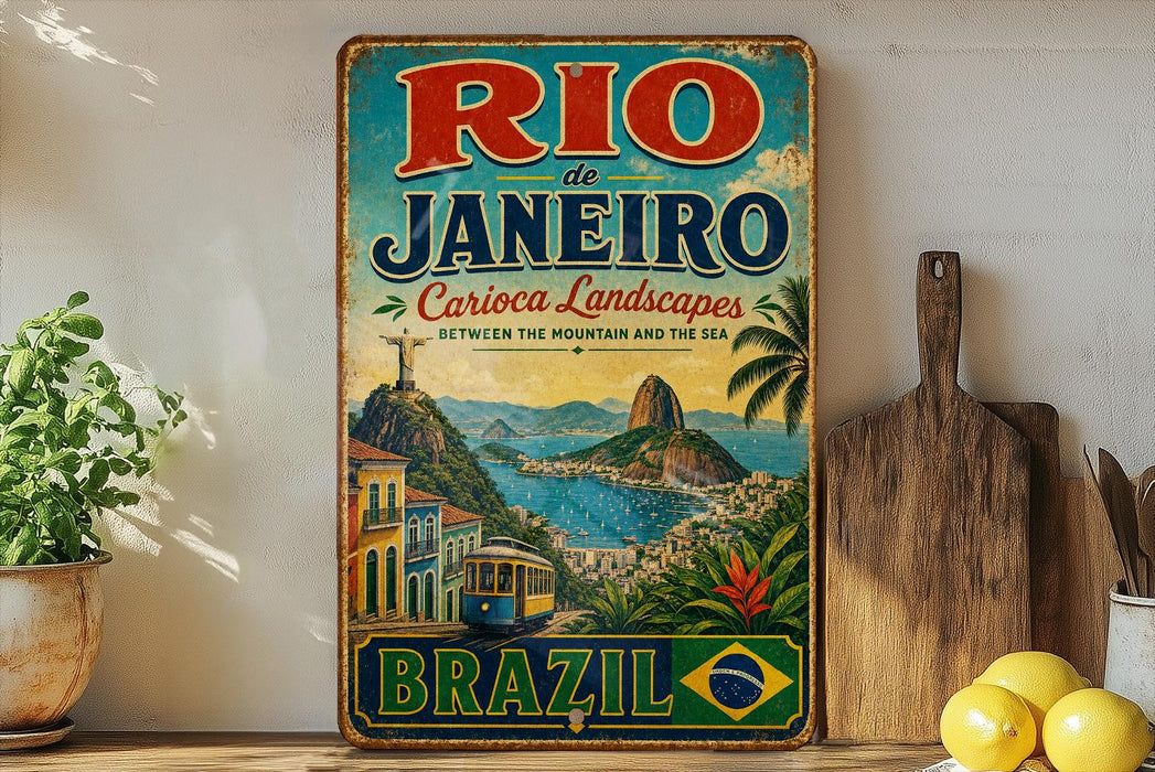 A vintage-style metal sign for Rio de Janeiro, Brazil, featuring a colorful illustration of the city's landscapes and landmarks.