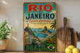 A vintage-style metal sign for Rio de Janeiro, Brazil, featuring a colorful illustration of the city's landscapes and landmarks.