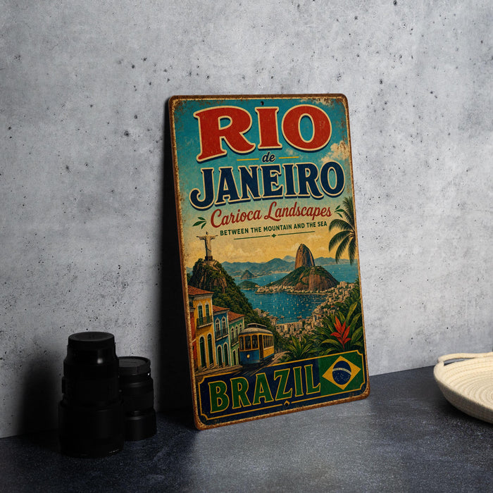 A vintage-style metal sign for Rio de Janeiro, Brazil, featuring a colorful illustration of the city's landscape and landmarks.