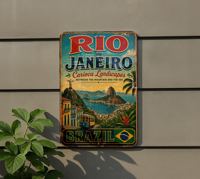 A vintage-style metal sign with the text "Rio de Janeiro" and "Carioca Landscapes" is displayed on a wall, featuring a colorful illustration of the city's landscape and landmarks.
