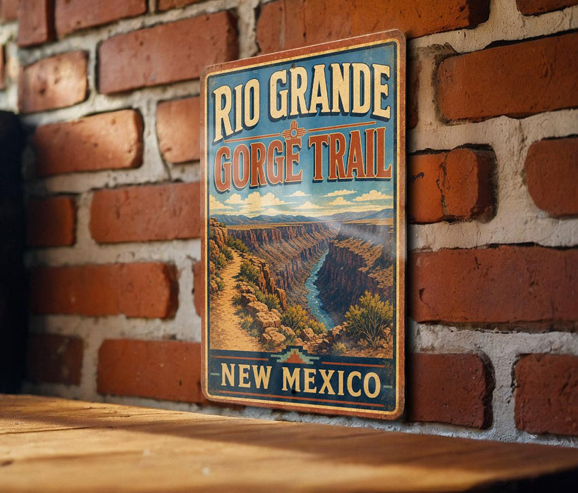A vintage-style metal sign for the Rio Grande Gorge Trail in New Mexico, featuring a scenic illustration of the Grand Canyon.