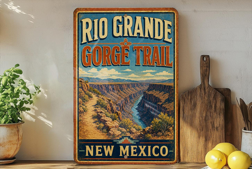 A vintage-style poster of the Rio Grande Gorge Trail in New Mexico, featuring a scenic mountain landscape with a winding trail.