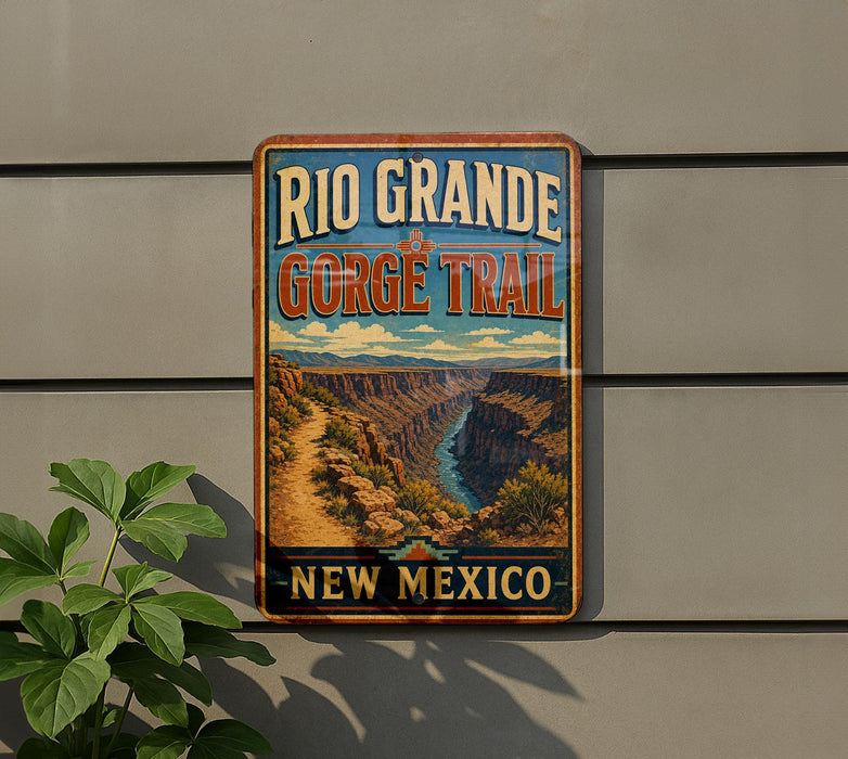 A vintage-style metal sign for the Rio Grande Gorge Trail in New Mexico, featuring a scenic image of the canyon landscape.