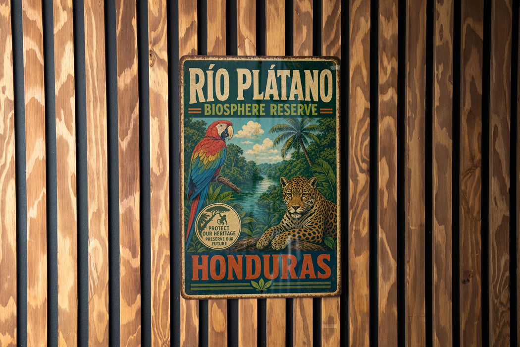 A vintage-style metal sign for the Rio Plateano Biosphere Reserve in Honduras, featuring a colorful illustration of a parrot and a jaguar.