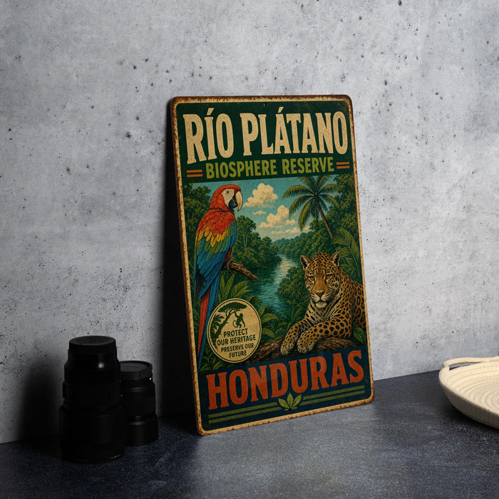 A vintage-style metal sign for the Rio Plátano Biosphere Reserve in Honduras, featuring a colorful illustration of a parrot and a jaguar.