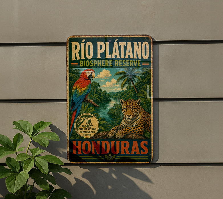 A vintage-style metal sign for the Rio Platano Biosphere Reserve in Honduras, featuring a colorful illustration of a parrot and a jaguar.