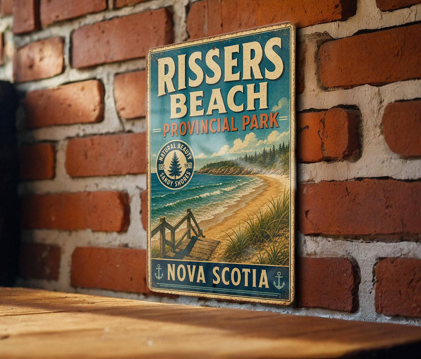 A vintage-style metal sign for Rissers Beach, a coastal park in Nova Scotia, Canada.