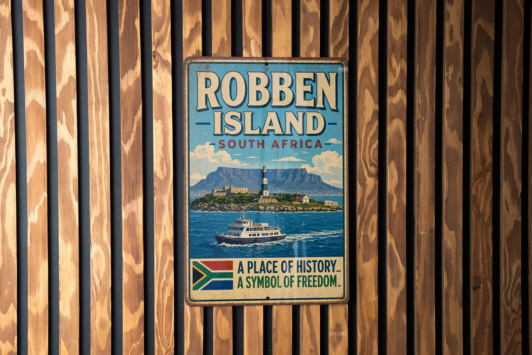 A vintage metal sign for Robben Island, South Africa, featuring a lighthouse and a boat on the water.