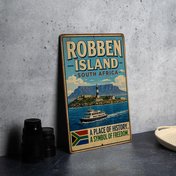 A vintage-style sign for Robben Island, South Africa, featuring a lighthouse and a boat on the water.