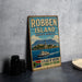 A vintage-style sign for Robben Island, South Africa, featuring a lighthouse and a boat on the water.