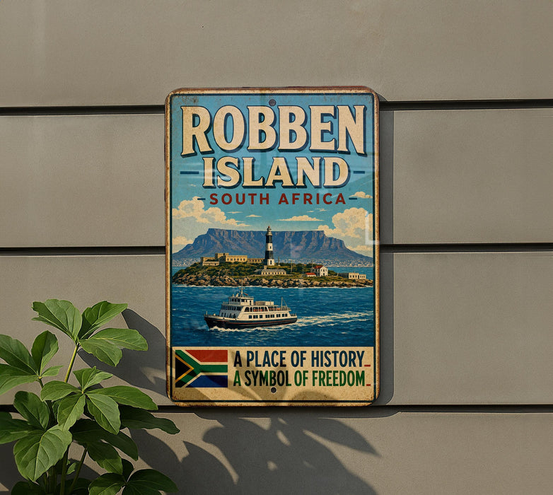 a vintage-style sign for Robben Island, South Africa, with a boat and a mountain in the background.