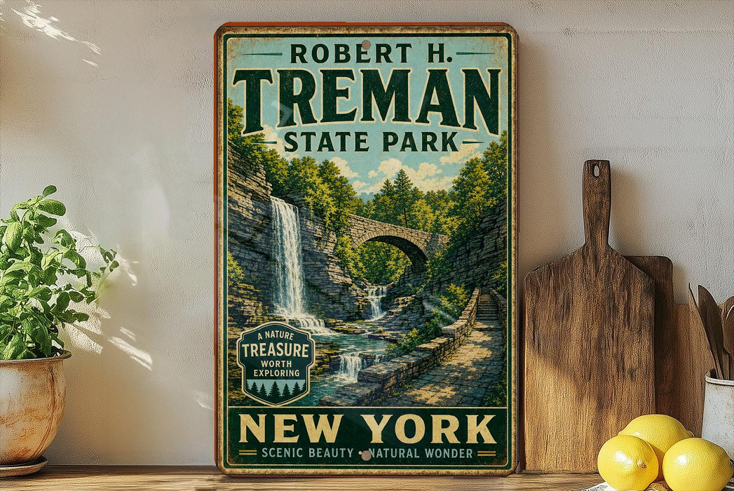 A vintage-style poster of Robert H. Treman State Park in New York, featuring a scenic waterfall and bridge, is displayed on a wall next to a wooden cutting board and a potted plant.