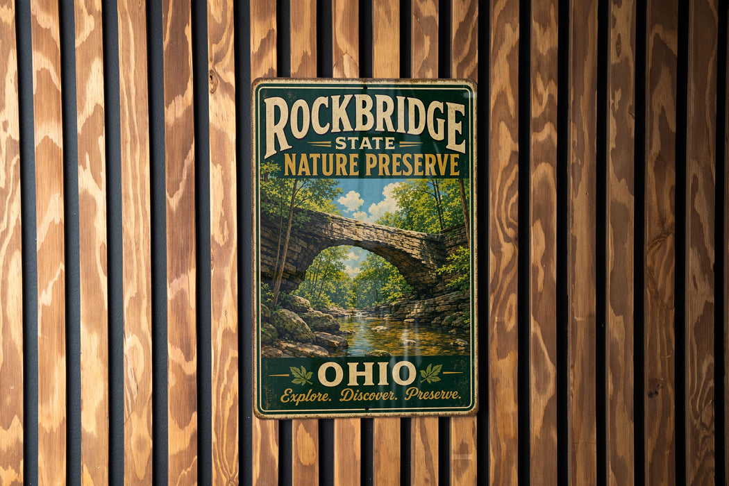 A vintage metal sign for Rockbridge State Nature Preserve, featuring a scenic image of a stone bridge surrounded by lush greenery.