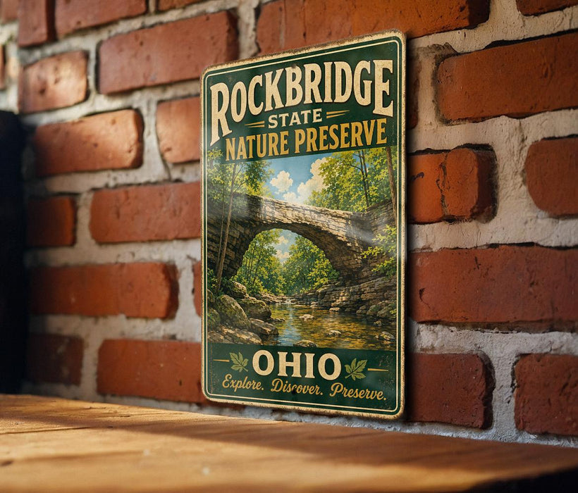 A vintage-style metal sign for Rockbridge State Nature Preserve, featuring a scenic image of a bridge surrounded by lush greenery.