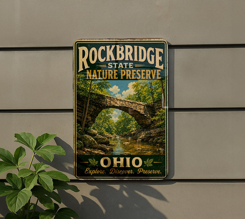 A vintage-style metal sign for Rockbridge State Nature Preserve, featuring a scenic image of a stone bridge surrounded by lush greenery.