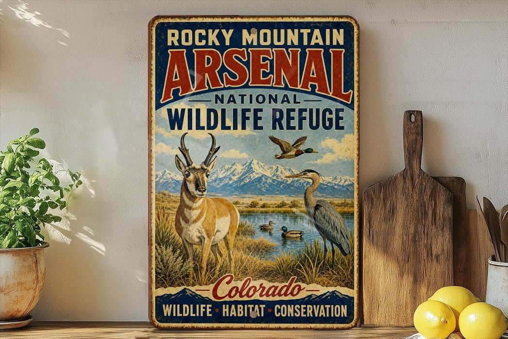 A vintage-style metal sign for Rocky Mountain Arsenal National Wildlife Refuge in Colorado, featuring an illustration of wildlife in a grassy field with mountains in the background.
