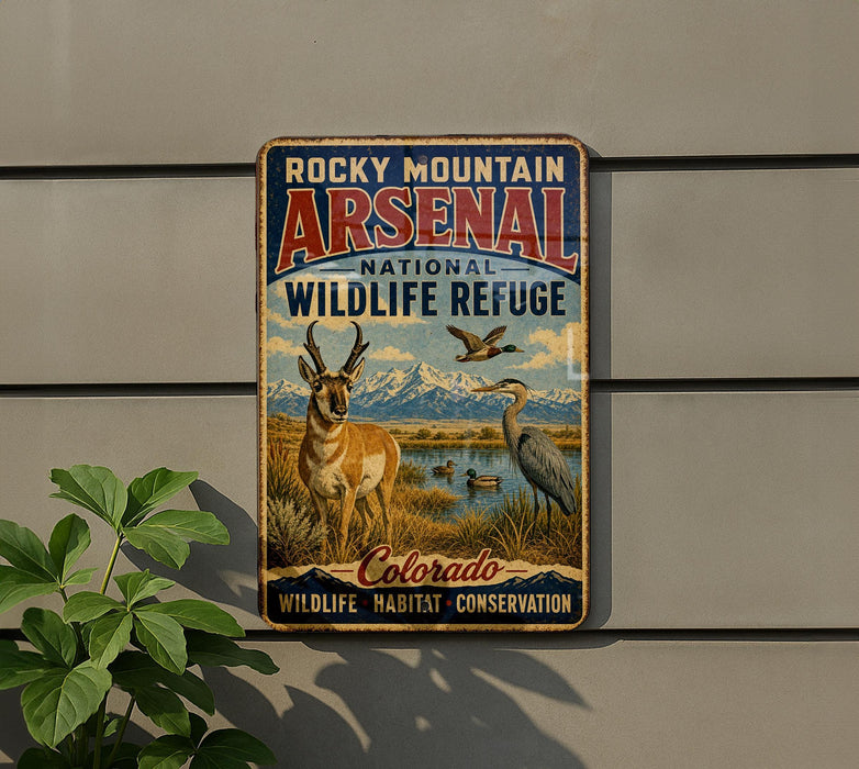 A vintage-style metal sign for the Rocky Mountain Arsenal National Wildlife Refuge in Colorado, featuring illustrations of wildlife such as a gazelle and a bird.