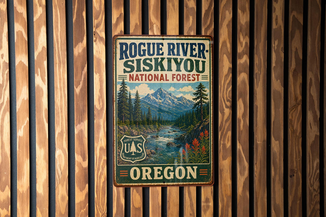 A vintage-style metal sign for Rogue River-Siskiyou National Forest in Oregon, featuring a scenic mountain landscape and a river.