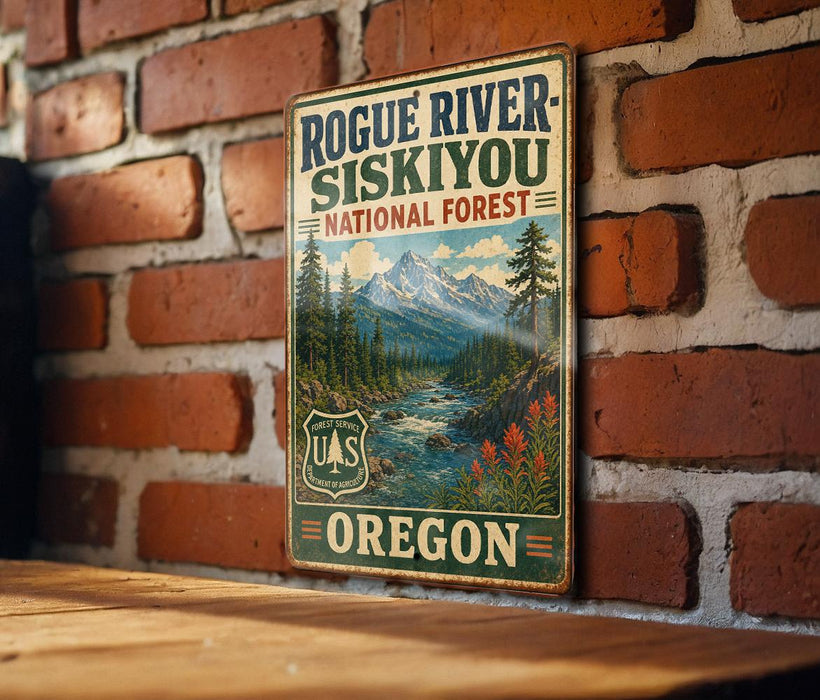 A vintage-style metal sign for Rogue River-Siskiyou National Forest in Oregon, featuring a scenic mountain landscape with a river and pine trees.
