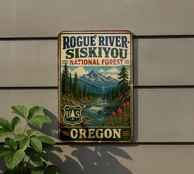 A vintage-style metal sign for Rogue River Siskiyou National Forest, featuring a scenic mountain landscape with a river and pine trees.