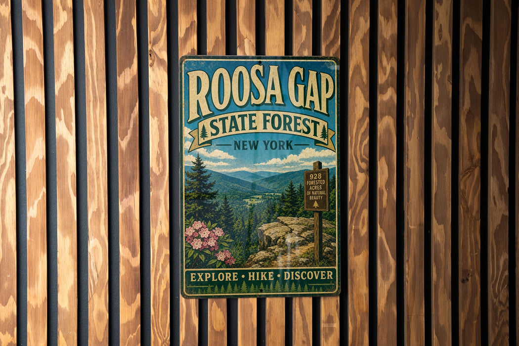 A vintage-style metal sign for Roosa Gap State Forest in New York, featuring a scenic mountain landscape and a sign indicating the location of the forest.