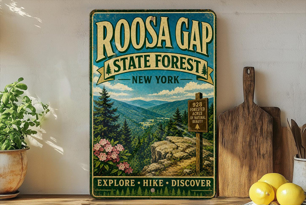 a vintage-style metal sign for Roosa Gap State Forest in New York, with a scenic mountain landscape and pine trees. The sign also includes the words "Explore, Hike, Discover" and a trail marker sign.