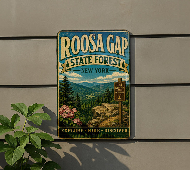 A vintage-style metal sign for Roosa Gap State Forest in New York, featuring a scenic mountain landscape and a trail sign.