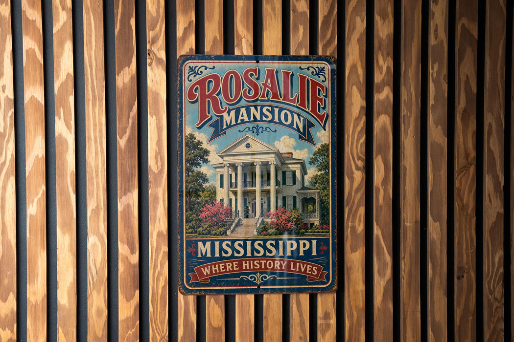 A vintage-style metal sign for Rosale Mansion, featuring an illustration of the mansion and the text "Mississippi where history lives".