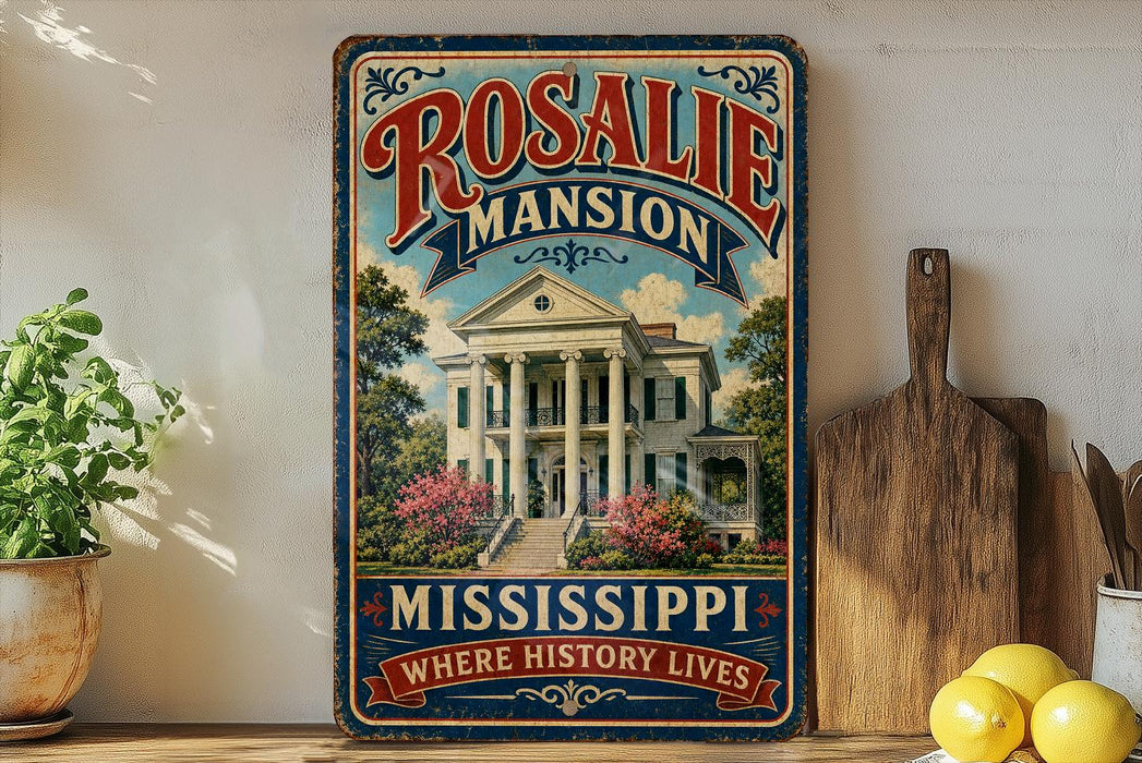 A vintage-style sign for Rosalie Mansion, a historic home in Mississippi, with a large illustration of the mansion and surrounding landscape.