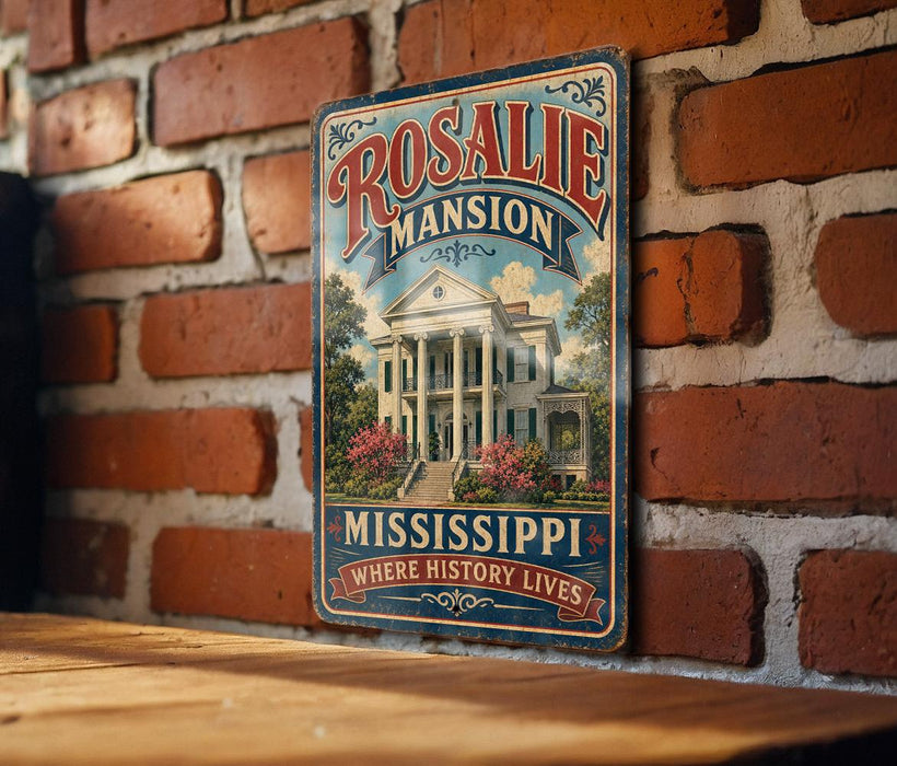 A vintage-style metal sign for Rosalie Mansion, a historic home in Mississippi, is displayed on a brick wall.